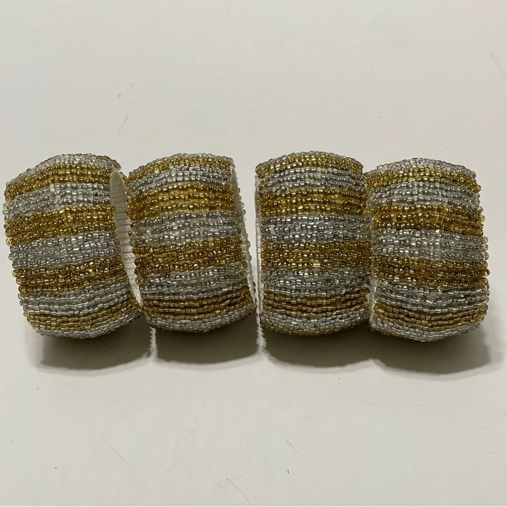 Pier 1 Seed Beaded Napkin Rings Gold & Silver Festive Elegant Fancy Formal 4 Set